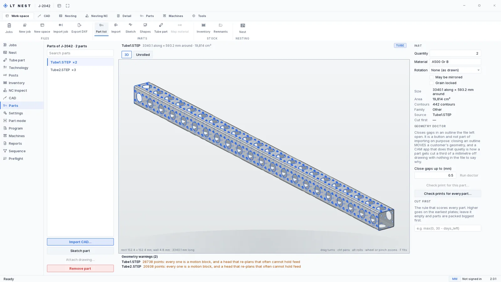 The Parts page of Lasertally Nest with Tube1.STEP selected: the square rail drawn in three dimensions with every one of its holes on it, a 3D and Unrolled toggle above the view, and a panel on the right reading 3,340.1 mm along by 593.2 mm around, 19,814 square centimetres, 442 contours, material A500 Gr B, rotation none as drawn, with may be mirrored and grain locked unticked. A strip along the bottom carries two geometry warnings about the point count in both tube files.